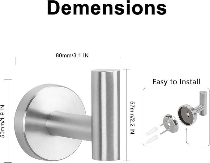 NearMoon Bath Towel Hooks- SUS 304 Stainless Steel Robe Hook Holder, Heavy Duty Coat Hook for Bathroom Livingroom Hotel Kitchen Garage, Wall Mounted (Brushed Nickel, 8 Pack)