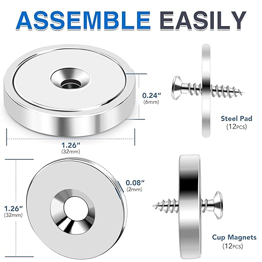 MIKEDE Strong Magnets with Hole, 100lb Heavy Duty Neodymium Magnet with Stainless Screws for Wall Mounting, Rare Earth Magnet Round Base Cup Magnets for Tool Room,Workplace, 1.26"D x 0.24"H, 12 Pack