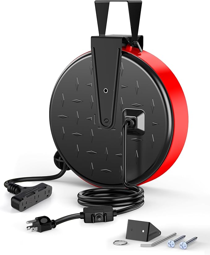 DEWENWILS 30 Ft Retractable Extension Cord Reel, Ceiling or Wall Mount 16/3 Gauge SJTW Power Cord with 3 Electrical Outlets Pigtail for Garage and Shop, 10 Amp Circuit Breaker, Metal Plate, UL Listed