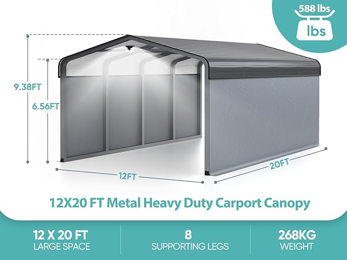 Metal Carport,Carport Canopy 12x20 Heavy Duty All Weather,Car Tent Garage with Galvanized Metal Roof,Metal Car Port for Snow,Outdoor Car Shelter