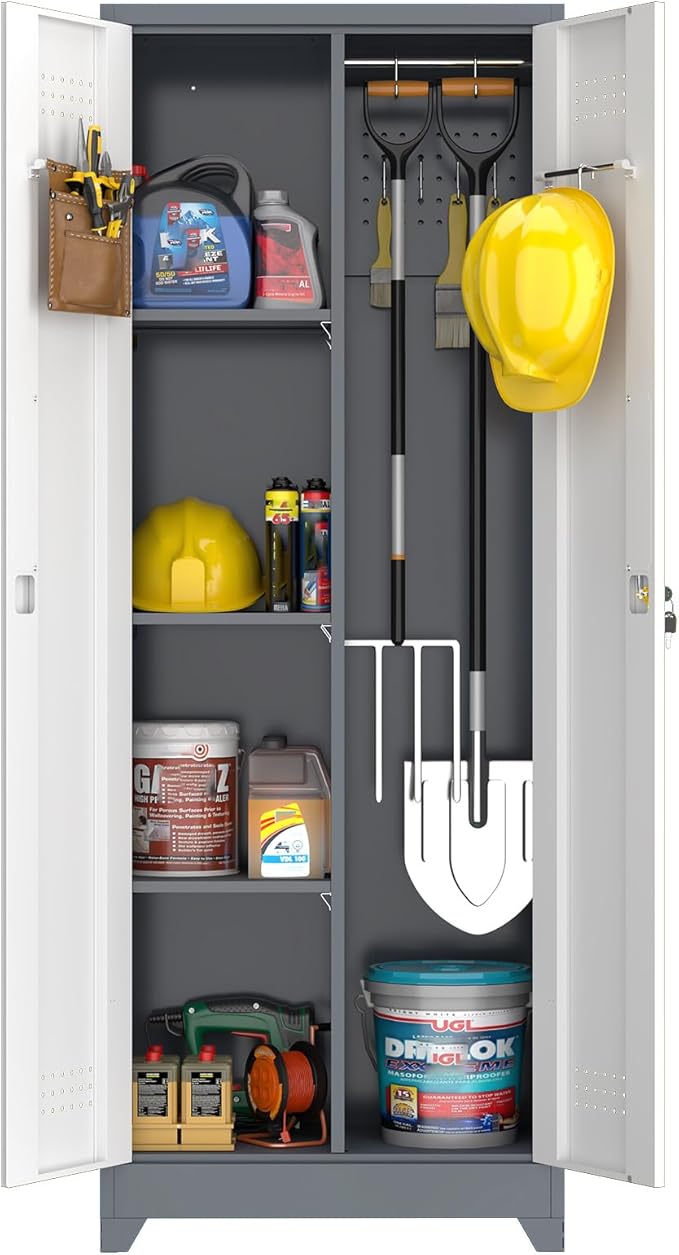 Metal Cabinets with Doors and Adjustable Shelves, 65" H Lockable Storage Cabinet, Grey-White Utility Cabinet for Brooms and Mops for Home,Kitchen,Garage