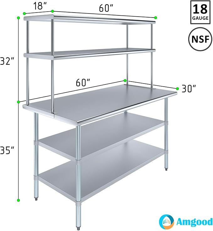 Amgood Stainless Steel Work Table with 2 Shelves | Metal Kitchen Prep Table & Shelving Combo (30" x 60" Table with 2 Shelves + 18" Overshelf)