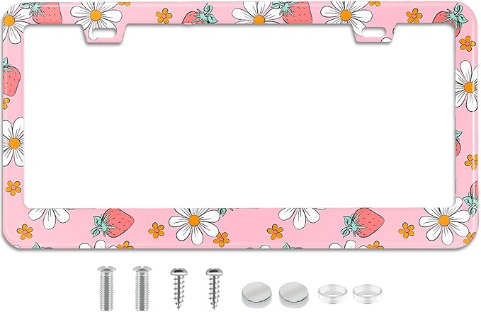 Pink Strawberry Floral License Plate Frame Stainless Steel License Plate Frames Holder Covers Rust-Proof Auto Parts Decoration with Screws License Plate Holder for Car Accessories 12x6 Inch