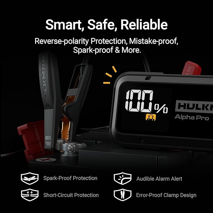Hulkman Alpha Pro Solid Black, 1500A 44.4Wh Car Jump Starter Portable, High-Capacity Battery Booster & Jumper Cables, 3.3" Display Jump Box, PD65W in&Out, 12V Battery Pack for 7.5L Gas/4.5L Diesel