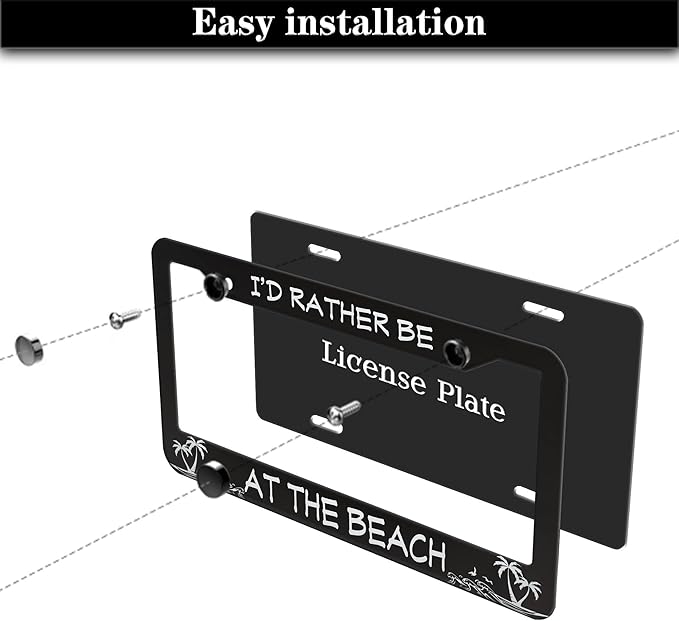 License Plate Frames Black and White License Plate Covers I'd Rather Be at The Beach Aluminum Metal Car Accessory 2 Pack with Screw Covers Set