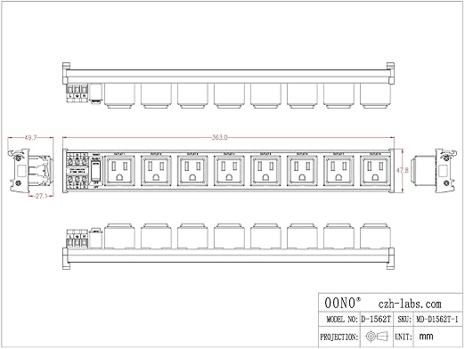 DIN Rail Mount AC 120V NEMA 5-15R 8 Receptacles Outlet Power Strip Module, with Rocker Switch Thermal Circuit Breaker Overload Protector
