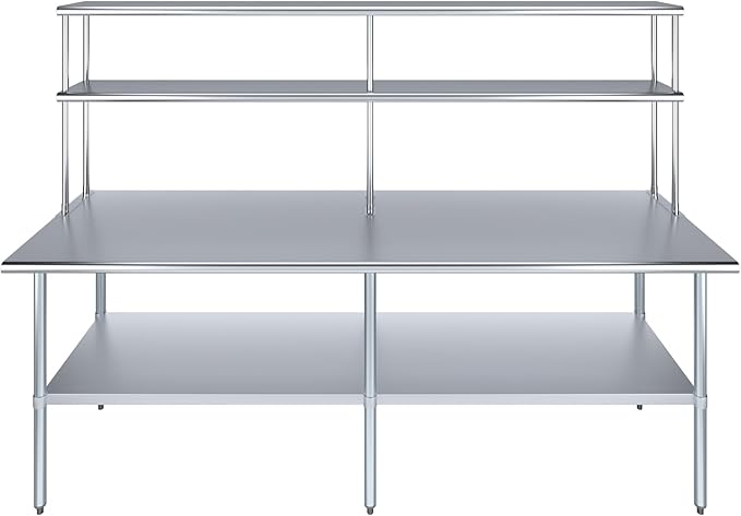 Amgood Stainless Steel Work Table Double Tier Overshelf | Metal Kitchen Prep Table & Shelving Combo (30" x 96" Work Table + 12" Overshelf)