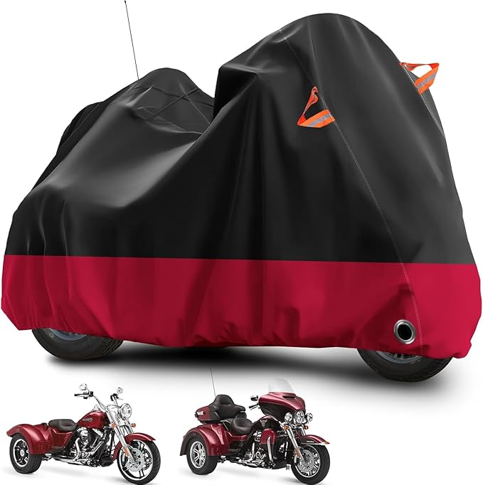 Trike Motorcycle Cover, Outdoor Waterproof Vehicle Cover with Windproof Buckle Reflective Strip for Harley Davidson, Honda Gold Wing, Kawasaki 3 Wheel Motorcycle Accessories (Black&Red)