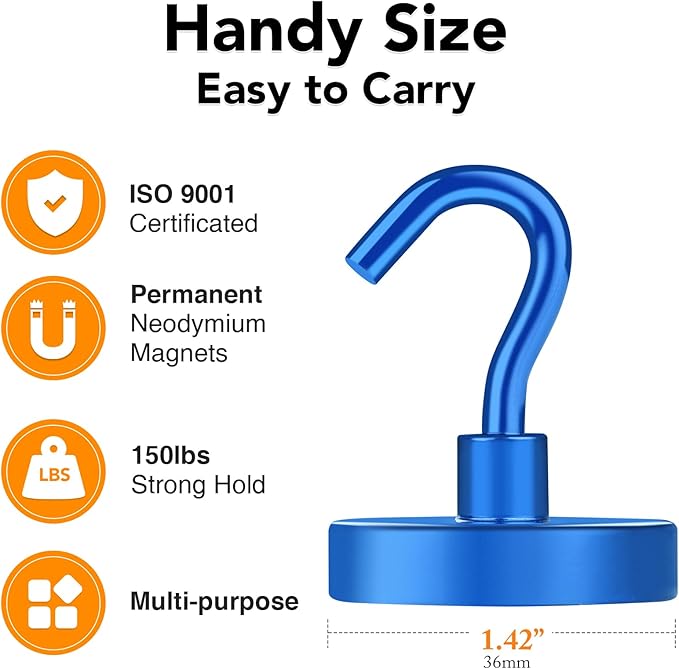 MIKEDE Magnetic Hooks Heavy Duty, 150LB Strong Magnet with Hook, Super Neodymium Extra Strength Industrial Hooks for Hanging, Toolbox, Cruise, Grill(Blue,10 Pack)