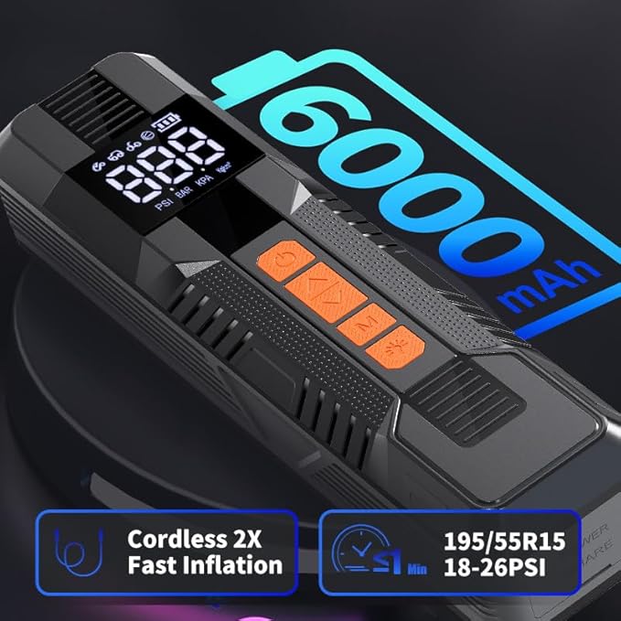 Tire Inflator Portable Air Compressor, 6X Faster 180 PSI Cordless Air Compressor, Air Pump with Pressure Gauge - Portable Tire Inflator for Car, Pickup, Motor, Bicycle, Balls and More