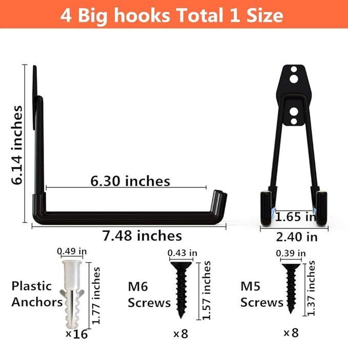 Wall Mount Heavy Duty Double Utility Tools Hooks with Anti-Slip Coating for Garage Storage Organizer Shovels Chair Hose, Pack of 4