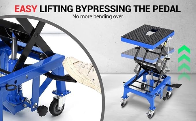 Hydraulic 350LBS Motorcycle Lift Jack - Foot-Pump Scissor Lift Table with Safety Lock, Wheels & Oil Drain Hole - Height Adjustable 13.78-34.25" for ATV, Dirt Bike, Cruiser Maintenance