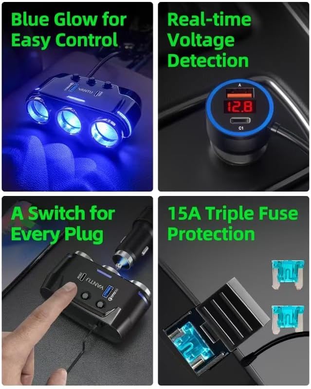 YANTU Cigarette Lighter Adapter/Splitter with PD&QC3.0 230W,Double/Dual USB C Car Charger Fast Charging 12V Outlet,Multi Socket Splitter with Ambient Lights/Independent Switches for Cars/Trucks/RVs