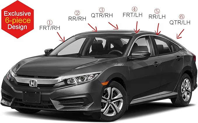 AUTOCLOVER Tape-On Rain Guards Window Visors 6 Pcs Set for Honda Civic Sedan 4dr 2016 2017 2018 2019 2020 2021 / Window Deflectors, Out-Channel Vent Shades (Smoked)