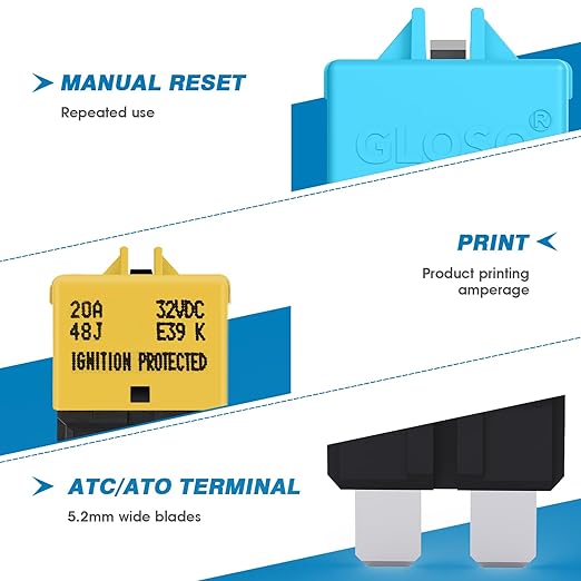 GLOSO Circuit Breakers E39 Manual (T3) Reset Low Profile ATC/ATO (10A - 25 Pack)