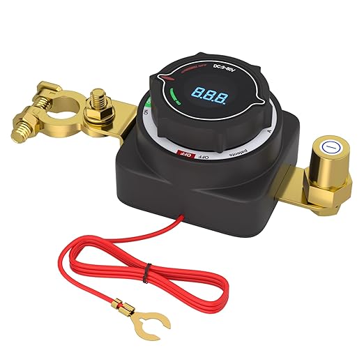 MaySpare Top Post Battery Disconnect Switch with Digital Voltage Display, DC 5-80V On Off Kill Switch, Voltmeter Power Cut Master Disconnect Isolator for Car RV Marine Boat Camper Truck Trailer