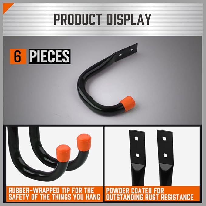 HORUSDY 6 Pack Garage Hooks, Utility Hooks, Garage Hook Heavy Duty Wall Hook (Black)