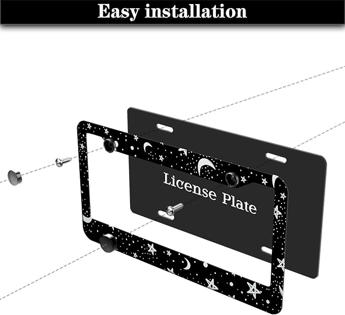 License Plate Frames Black and White License Plate Covers Night Moon Star Black Print Aluminum Metal Car Accessory 2 Pack with Screw Covers Set