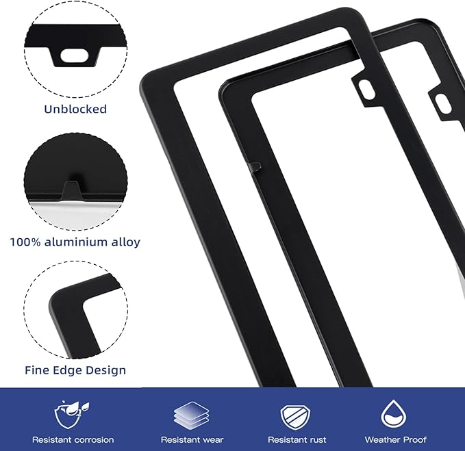 2 Pack Black License Plate Frame, Black Aluminum License Plate Cover, Matte License Plate Front and Rear 2 Packs. (2 Holes), Come with Screw Cap, Screw,Washer