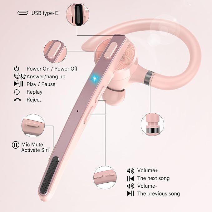 Bluetooth Headset, Wireless Bluetooth 5.3 Earpiece, 90Hrs Hands Free Headset with APTX HD Audio & Mute Button, Dual Noise Cancelling Mics, Single-Ear Headphone for Trucker/Business/Gym/Pink