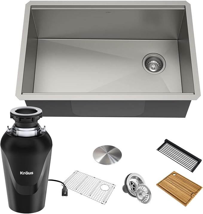 KRAUS Kore Workstation 27-inch Undermount 16 Gauge Stainless Kitchen Sink, Single Bowl Kitchen Sink with 3/4 HP Garbage Disposal, KWU110-27-100-75MB