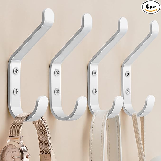 Coat Hook for Hanging, 20LB (Max), Stainless Wall Hooks for Towel, Hat, Backpack, Key, Clothes, Wall Mounted Coat Hanger for Closet, Metal, White, 4 Pack