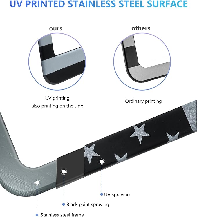 American Flag License Plate Frames - 2 Pack Black Stainless Steel Front Rear Car Tag Frames Printed with Patriotic USA Flag Pattern, with Decals Screws Caps