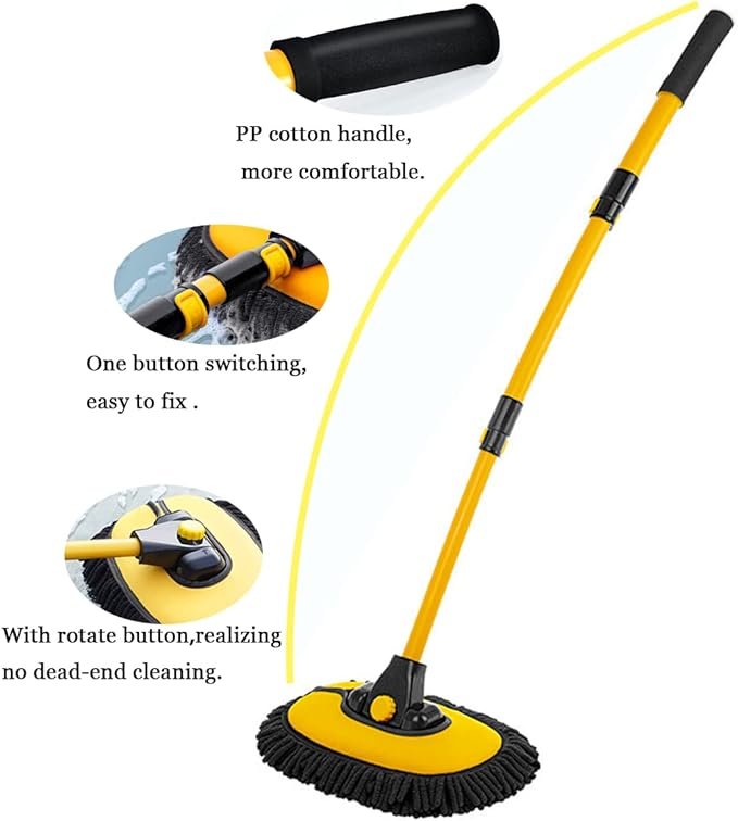 Car Wash Brush with Long Handle, Microfiber Towels Car Wash Kit Cleaning Supplies, Car Wash Mop Mitt with 2 Replacement Head , Extension Pole Car Brush Cleaning Kit for Cars Trucks