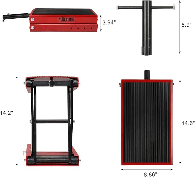 TUFFIOM 1100LBS Motorcycle Scissor Lift Jack，Height Adjustable with Rubber Top Surface & Safety Pin, Foldable Motorcycle Center Stand for Dirt Bike ATV, Red