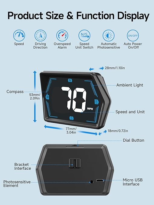 Moman Car HUD Digital Speedometer for Car Head Up Display KM/H MPH Compass Direction USB Cable Plug & Play Over Speed Alert for All Vehicle