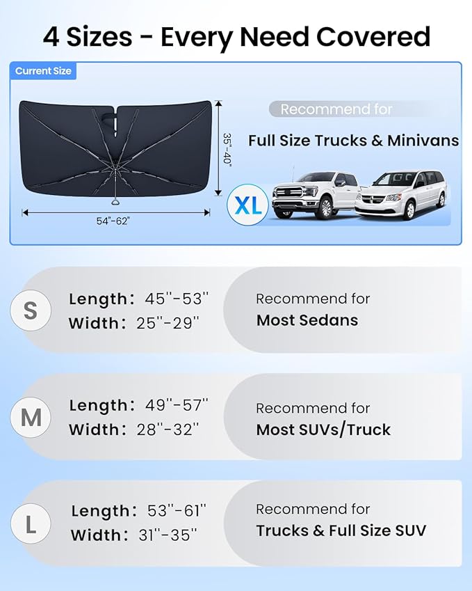 REEVAA 2025 Upgraded Truck Windshield Sun Shade Umbrella [100% Sun Protection & Keep Cool] Protect Interior, 360° Flex Handle Sun Shield Sunshade, X-Large (61''x40'') for Full-Size Trcuk/MPV Car