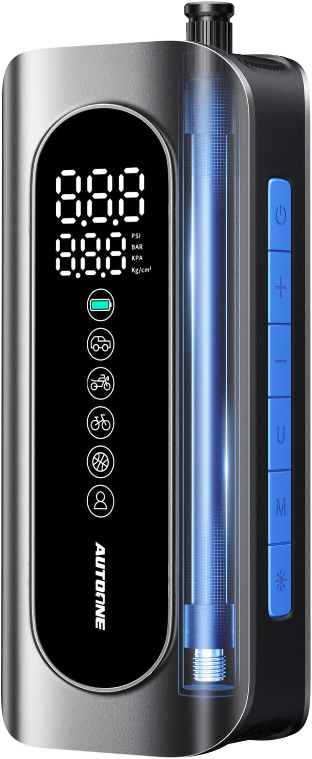 AUTOONE Tire Inflator Portable Air Compressor, 150PSI Air Pump for Car Tires with Tire Pressure Gauge, 3X Faster One Click Smart Cordless Tire Air Pump for Car, Motorcycle, Bike, Ball and More