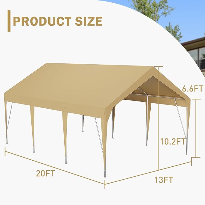13x20ft Heavy Duty Carport Outdoor Car Canopy UV Resistant Waterproof Party Tent All-Season Portable Garage Gazebo Shelter for Car, Storage Shed (Earthy Yellow)
