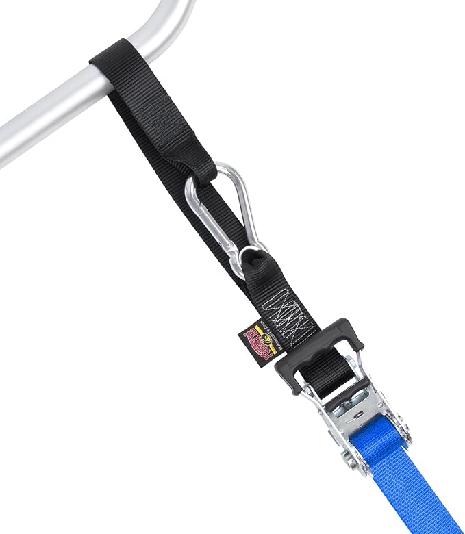 PowerTye - Made in USA - Extra Long Ratchet Tie Down Straps, Heavy Duty with Carabiner Hooks, Soft-Tye & Bag, for Motorcycle, ATV & Cargo, 1,000 lb WLL, 1.5 inch x 10ft Long, Blue/Black (Pair)