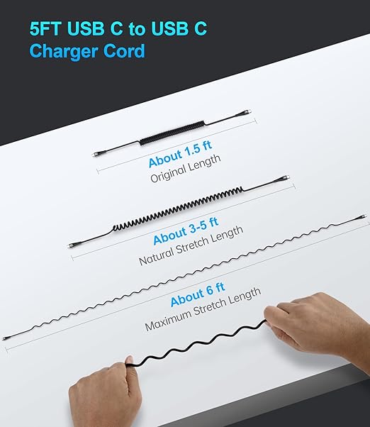 Coiled USB C to C Cable for Car 5FT, USB Type C Charger Cable 100W Short USBC Fast Charging Cable for iPhone 16/15/Pro/Plus/Pro Max/Samsung Galaxy S23, Compatible All Type C Devices-Black 2Pack