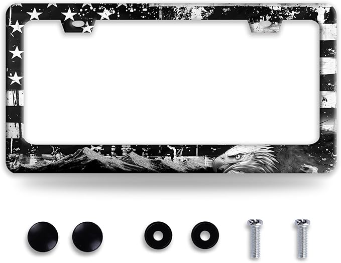 American Flag Eagle Mountains License Plate Frame Funny License Plate Holder Stainless Steel Accessories Cars Decor with 2 Holes Screws Fits Standard Us Ca Vehicles License Plate Frames 12.2 X 6 Inch