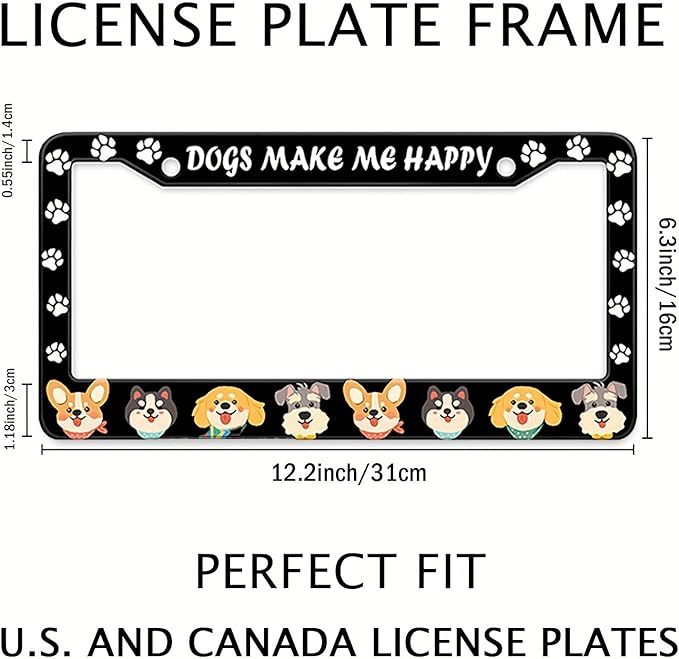Dogs License Plate Frame, Lovely Puppies Dogs Paws Printed License Plate Holder Cover, Dogs Make Me Happy Metal Aluminum Rustproof Car Accessories for Women Men 2 Holes with Screw Caps