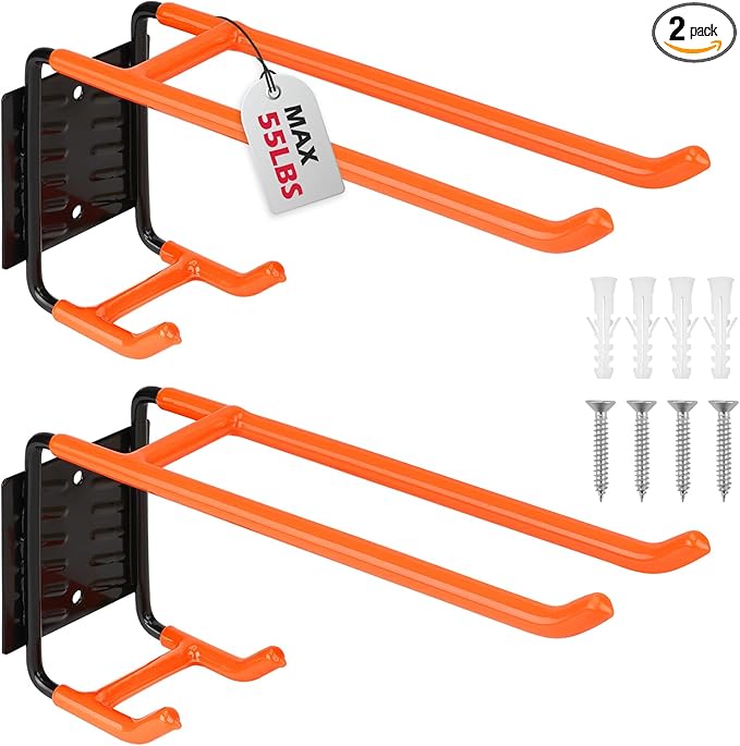 2-Piece 9.4" Heavy Duty Garage Hooks, Sturdy Utility Hooks Holds 55 LB Wall Mount Garden Tool Organizer Hangers for Hanging Shovel Ladder Chairs Strollers Power Tool Tire and More (Orange)