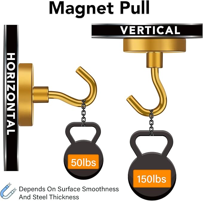 MIKEDE Magnetic Hooks,150LB Heavy Duty Magnets with Hook, Super Strong Magnets Neodymium Extra Strength Hooks for Hanging, Magnetic Hanger for Cruise(Yellow, 10 Pack)