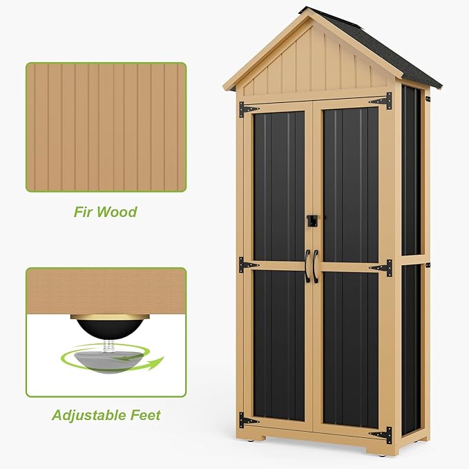 Outdoor Storage Cabinet with Shelf, Wood & Metal Storage Shed with Lockable Doors & Sloping Roof, Outdoor Cabinets Weatherproof for Patio Backyard, Garden Shed Tool Shed and Accessories, Brown