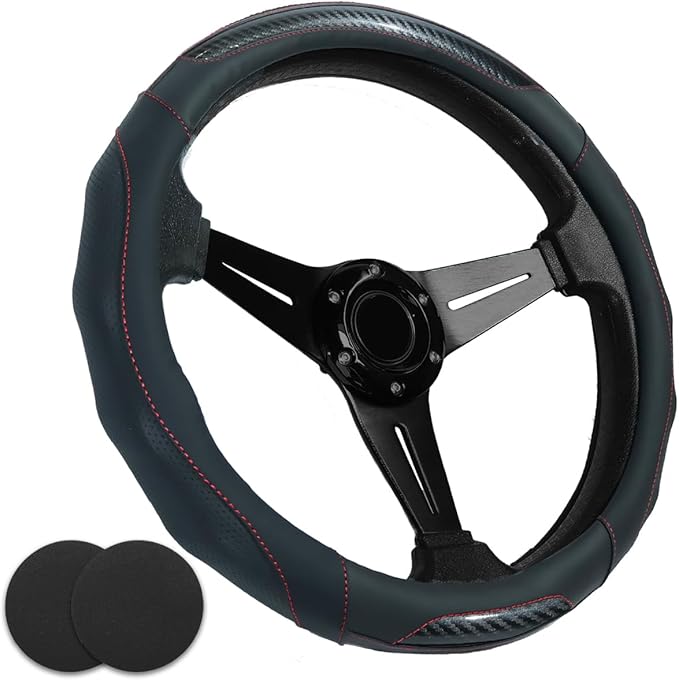 Car Steering Wheel Cover with Cup Coasters, Universal 15 inch Leather Carbon Fiber Steering Wheel Covers Comfort Grip Breathable Anti-Slip Steering Wheel Accessories for SUV Truck Van Auto - Black