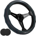 Car Steering Wheel Cover with Cup Coasters, Universal 15 inch Leather Carbon Fiber Steering Wheel Covers Comfort Grip Breathable Anti-Slip Steering Wheel Accessories for SUV Truck Van Auto - Black
