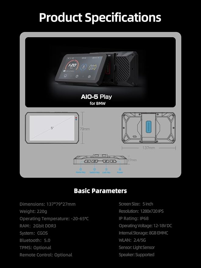 AIO-5 Play for BMW Motorcycles, 3-Pin Interface, Plug-and-Play Smart Display with CarPlay & Android Auto, 60FPS Mode, IP68 Waterproof, Built-in GPS, Anti-Theft Alarm, Data Reading