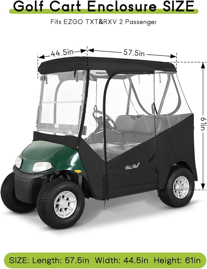 Golf Cart Enclosure 2 Passenger for EZGO TXT & RXV 2-Person Seaters Waterproof Transparent Driving Rain Enclosure Cover with 4-Sided Clear Windows Mirror Zipper Roll-Up Door Black