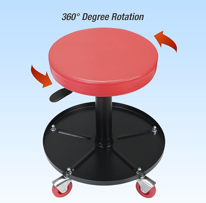 Big RED Creeper Garage/Shop Seat: Heavy Duty Rolling Pneumatic Padded Adjustable Mechanic Stool with Tool Tray Storage, Red Large