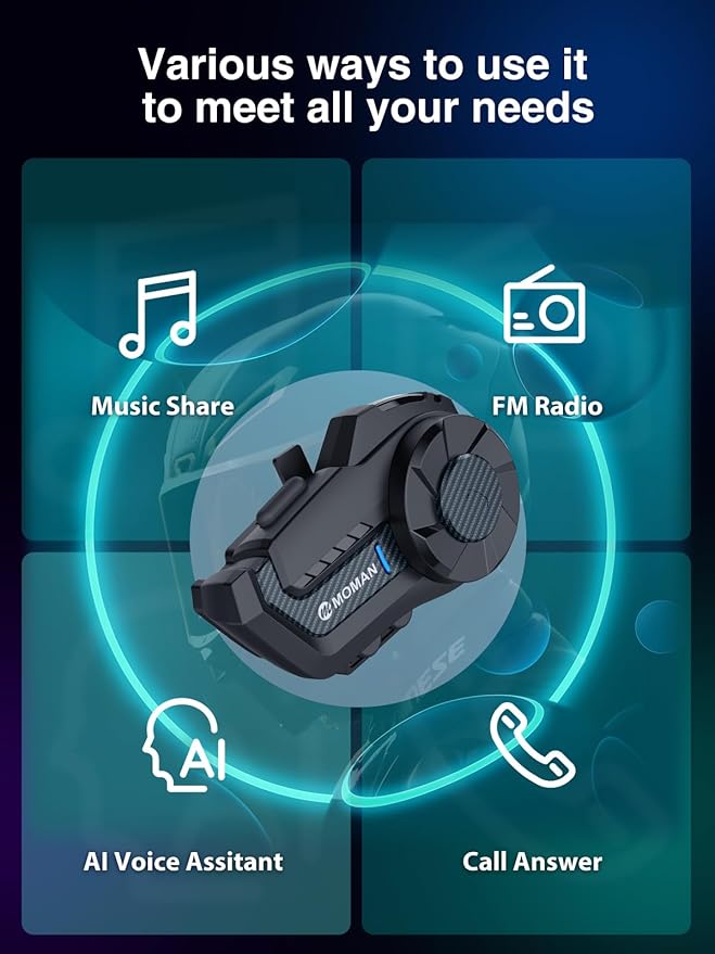 Motorcycle Intercom Headset, Moman H2 Pro【1 Pack Carbon】 Helmet Wireless Communication 5.1 System with DSP&CVC Noise Cancellation Music Share AI Assistant, Motorcycle-Intercom-Headset-Helmet-Motorbike