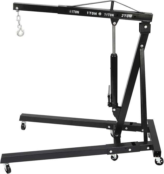 2 Ton(4409lbs) Folding Engine Hoist Heavy Duty Carbon Steel Hydraulic Shop Engine Crane Cherry Picker Shop Crane Hoist Lift with 6 Iron Caster Wheels for Car Fixing Workshop Garage (Black)