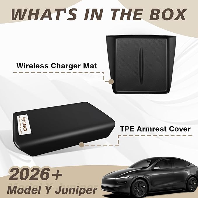 Muslogy Compatible with 2026+ Model Y Juniper Refresh Accessories Armrest Cover Protection TPE (Black) & Silicone Mat OEM Style 2PCS Set Non-Slip Waterproof