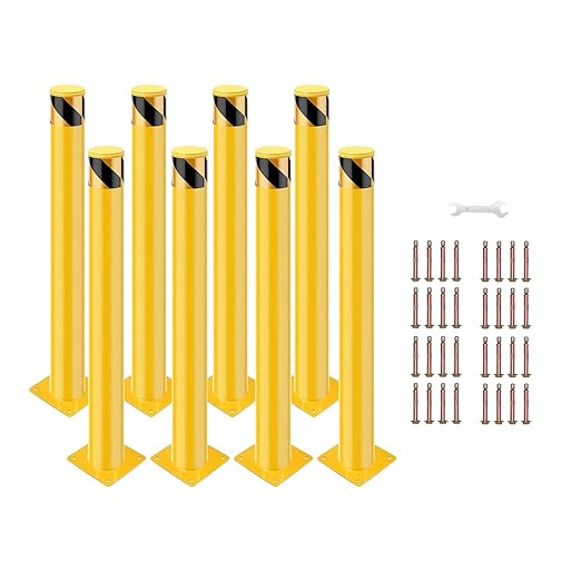 8 Pack Safety Bollard Post, 48 Inch Height 4.5 Inch Diameter Yellow Pipe Safety Steel Bollards with Anchor Bolts and Wrench, Steel Bollards for Road Warning Construction Traffic Control