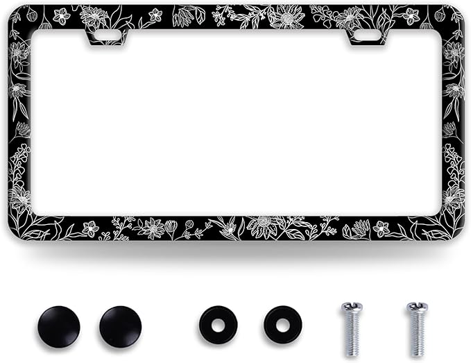 Line Art Flowers License Plate Frame Beautiful Floral License Plate Frames Funny Stainless Steel Accessories Cars Decor with 2 Holes and Screws Fits Standard Us Ca Vehicles Holder 12.2 X 6 Inch